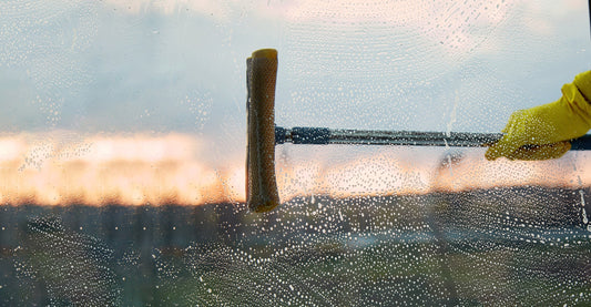 close up a window being washed with. a water fed pole system
