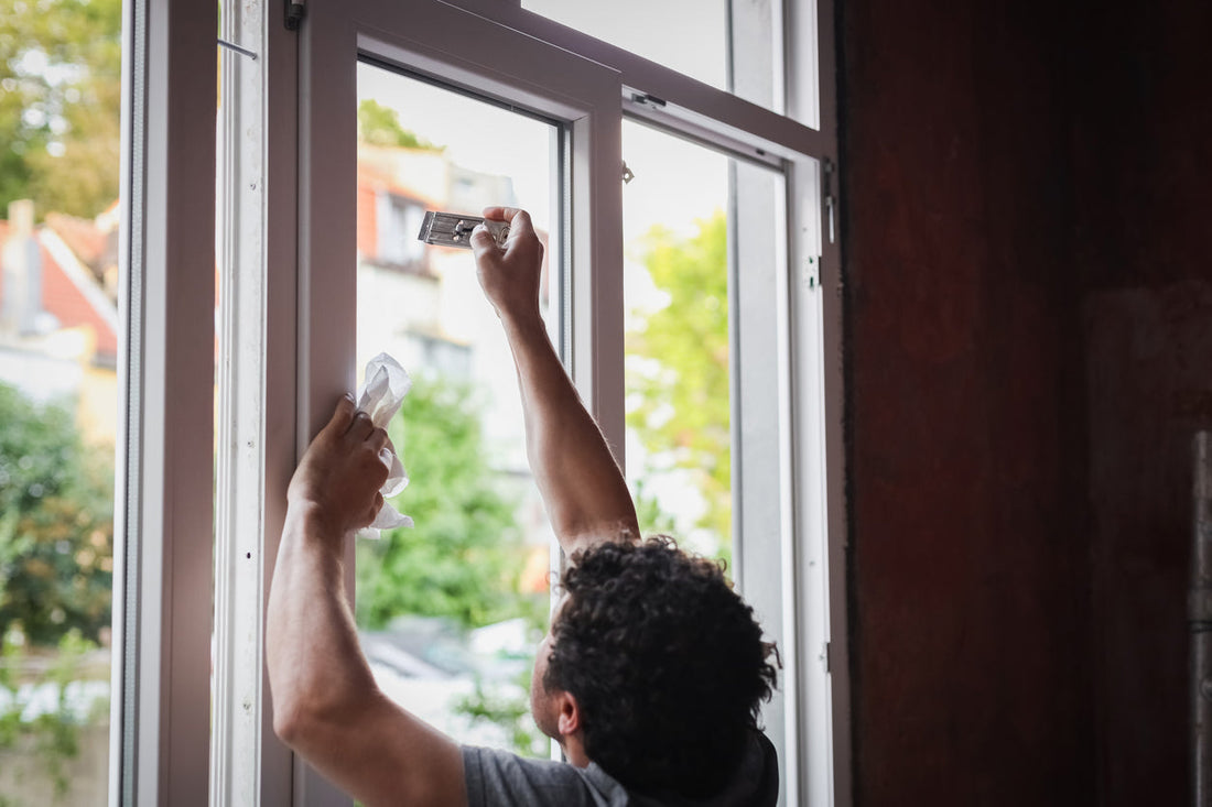 man cleans window glass from dirt and old dried paint with a window scraper and blade
