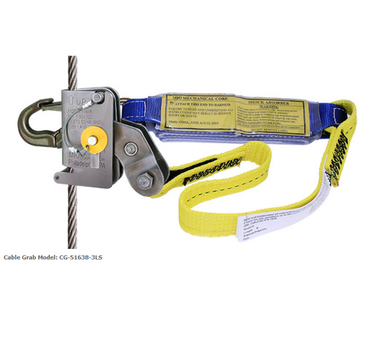 MIO Cable grab for 5/16 & 3/8 Cable w/ 3ft. Lanyard, shock absorber & Hook