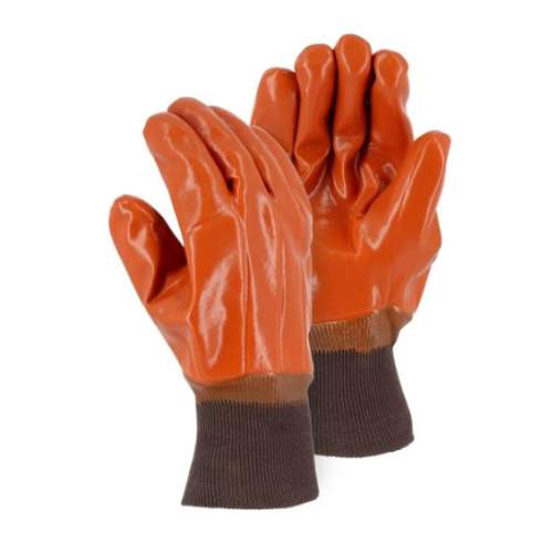 Smooth PVC-coated Orange Winter Gloves with Knit Cuff